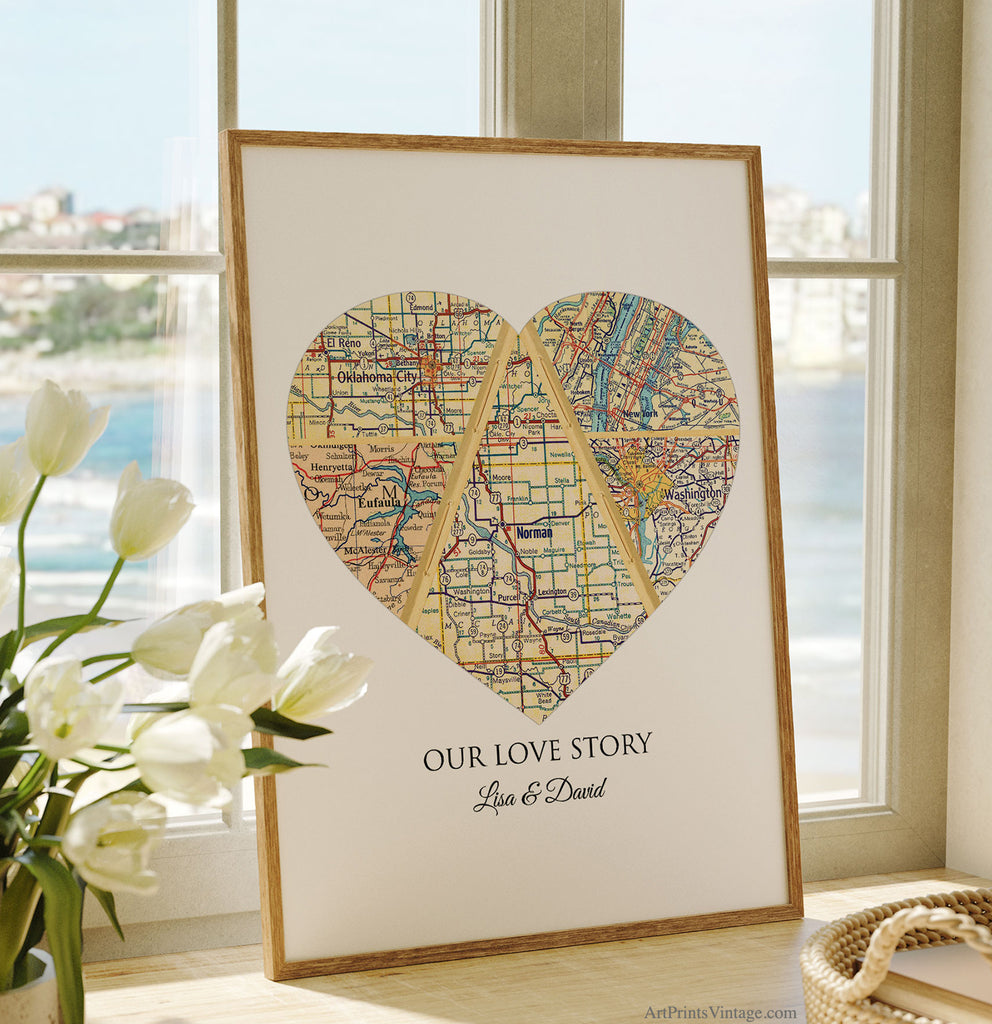 Custom Map Art - Unique Wedding Anniversary Gift for Parents, Personalized Anniversary Map Art Print with 5 Cities