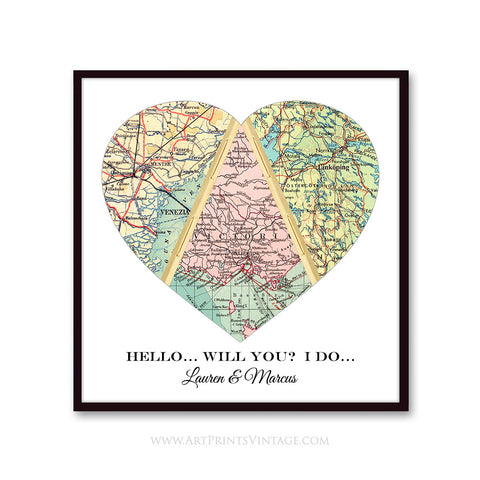 Hello, Will You, I Do Personalized Map Art, Couples Heart Map - Love Story Map Art Print