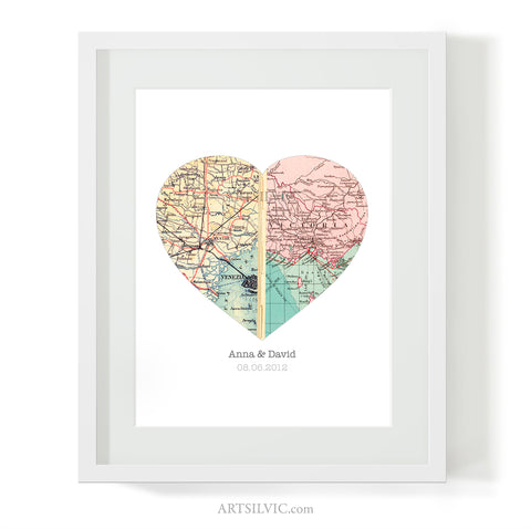 Personalized Map Heart - Custom Map Art Gift, Wedding or Anniversary Gift for Couples