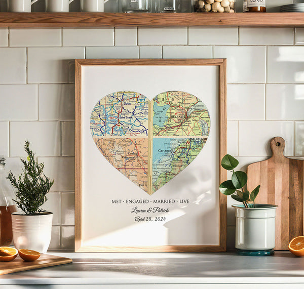 Custom Map Art - A Unique Wedding Anniversary Gift, Personalized Anniversary Map Art Print with 4 Cities