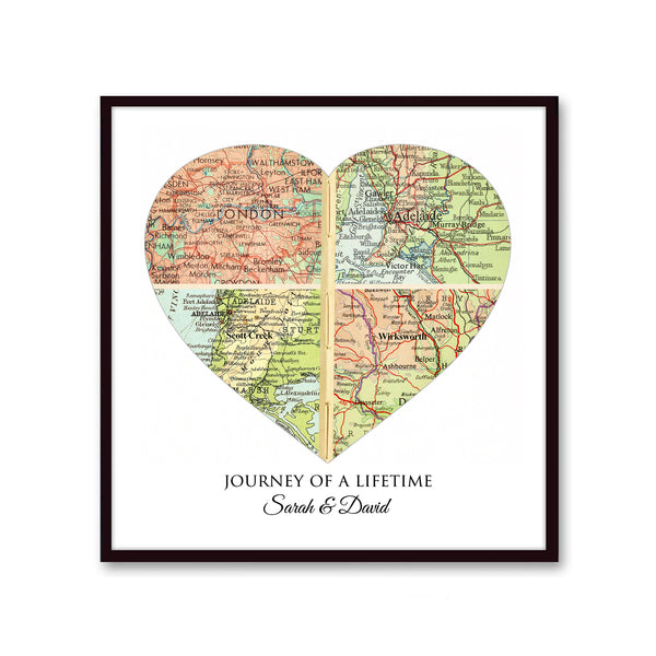 Custom Map Art - A Unique Wedding Anniversary Gift, Personalized Anniversary Map Art Print with 4 Cities