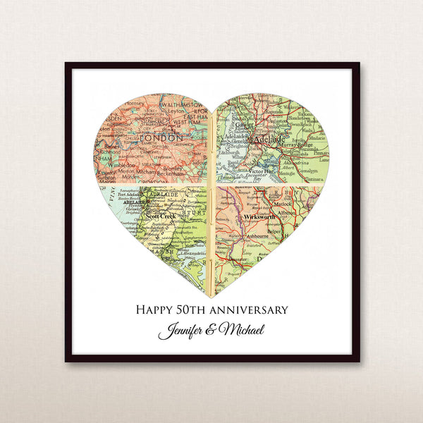 Custom Map Art - A Unique Wedding Anniversary Gift, Personalized Anniversary Map Art Print with 4 Cities