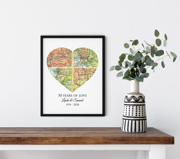 Custom Map Art - A Unique Wedding Anniversary Gift, Personalized Anniversary Map Art Print with 4 Cities