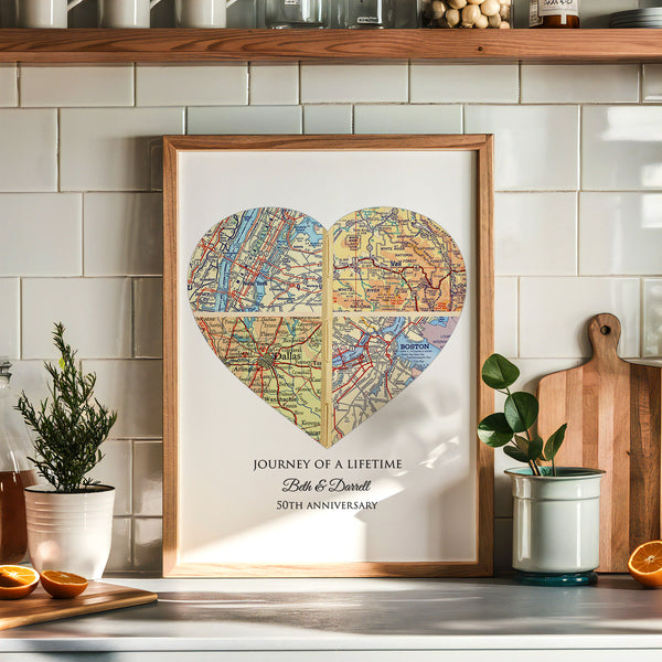 Custom Map Art - A Unique Wedding Anniversary Gift, Personalized Anniversary Map Art Print with 4 Cities