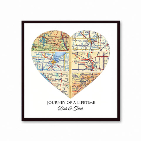 Custom Map Art - Personalized Wedding Anniversary Gift, Heart Map Print with 6 Cities
