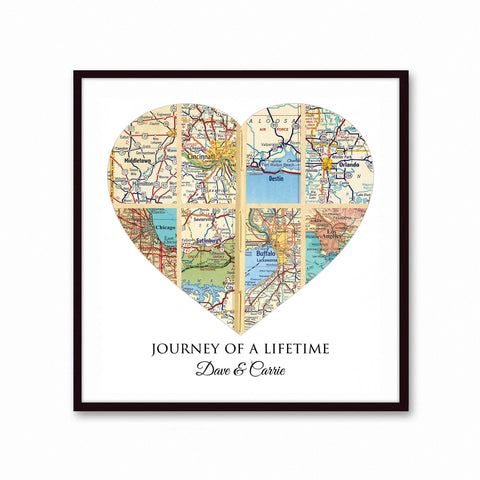 Custom Map Print - Personalized Wedding Anniversary Gift, Heart Map Art with 8 Cities
