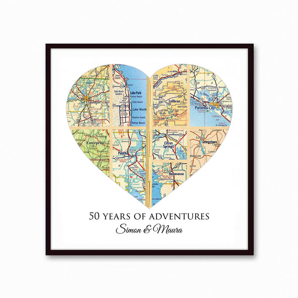 Custom Map Art - A Unique 50th Wedding Anniversary Gift for parents, Personalized Anniversary Map Art Print with 4 to 14 Cities