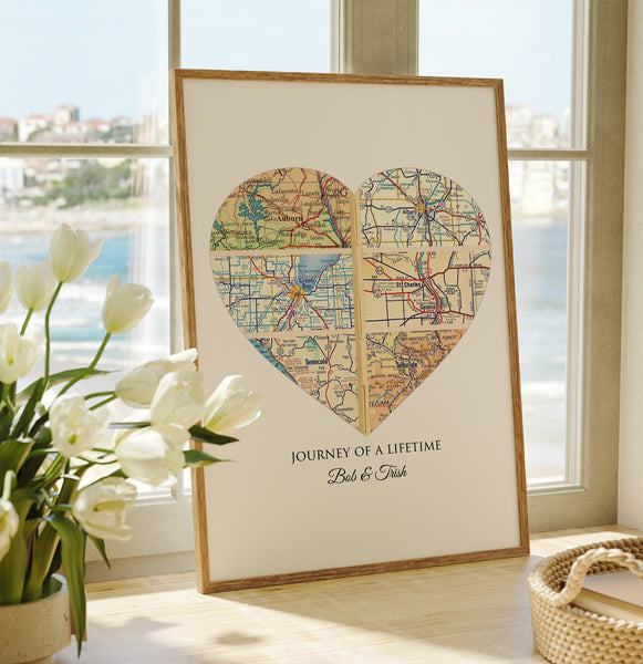 A customized map print with a heart-shaped city maps in vintage map colors and personalized with the text 'JOURNEY OF A LIFETIME'