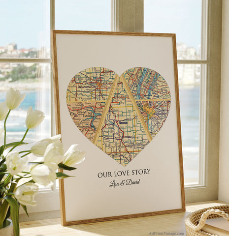 Custom Map Art - Unique Wedding Anniversary Gift for Parents, Personalized Anniversary Map Art Print with 5 Cities