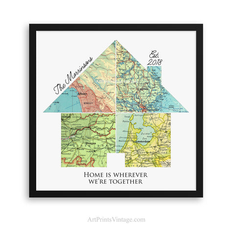 New Home Housewarming Gift - Personalized Map Art Print with 4 Cities - Custom First Home Gift for Realtor Closing Gifts or New Homeowners
