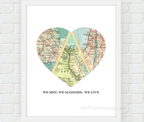 We Met We Married We Live - Custom Heart Maps, Love Story Map Wall Art, Personalized Map Art Print for Weddings or Anniversary Gifts