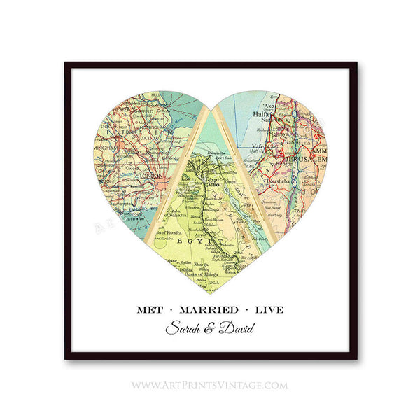 Map Art with Met Engaged Married Map / Met Married Live / or Hello Will You I Do - Meaningful Love Story Personalized Art Print for Wedding or Anniversary Presents