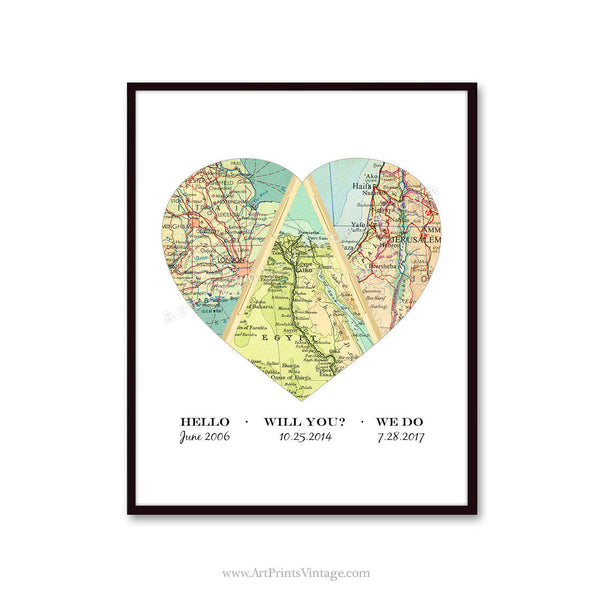 Hello, Will You, I Do Personalized Map Art, Couples Heart Map - Love Story Map Art Print